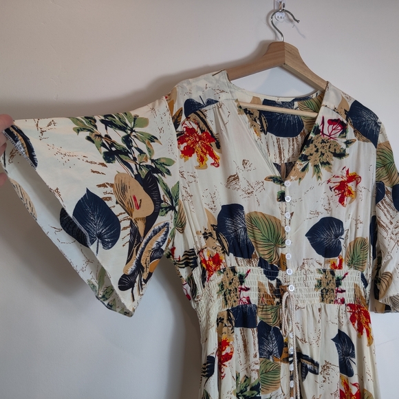 Milumia Women's Boho Button Up Split Cream Floral Print Flowy Dress - Picture 12 of 13